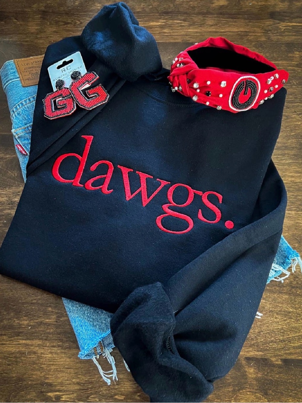 Gildan Black Crewneck Sweater with Red "dawgs." Embroidery